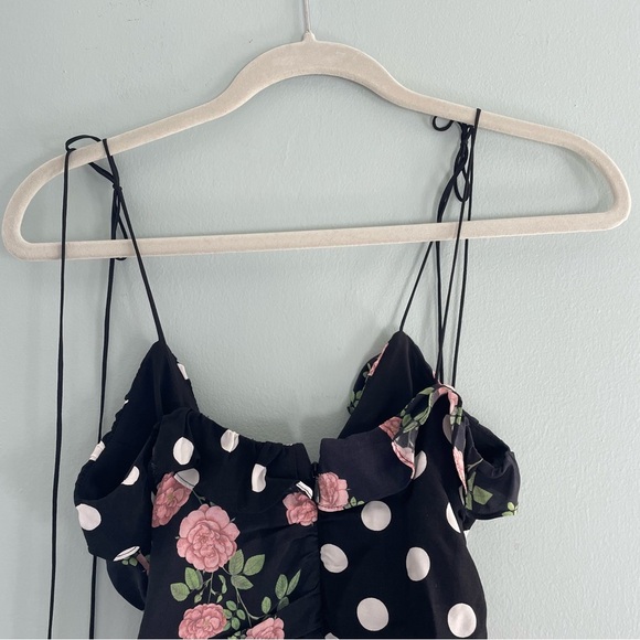 For Love And Lemons Mochi Shirred Mini Dress Black Floral Polka Print NWT XS - Picture 9 of 15